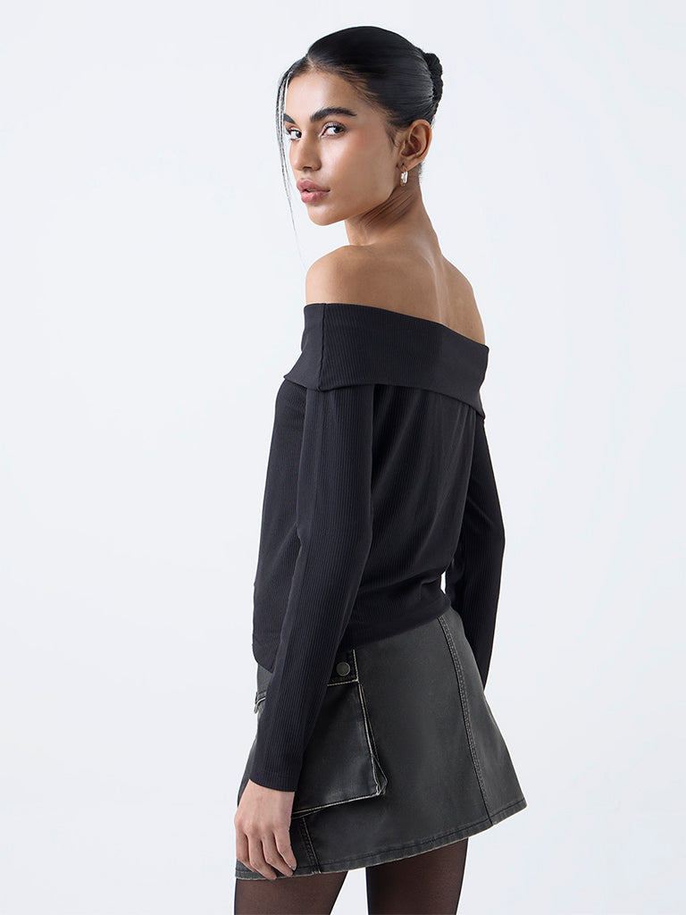 Nuon Black Ribbed Off-Shoulder Cotton-Blend Top