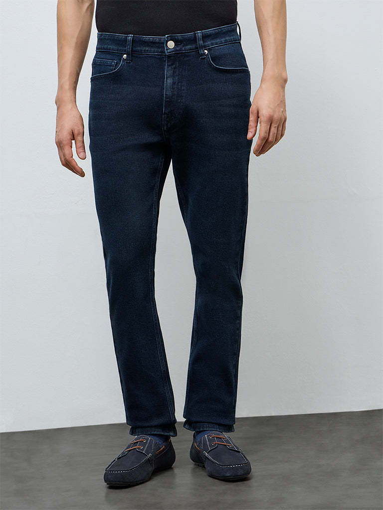WES Casuals Dark Blue Slim-Fit Mid-Rise Jeans