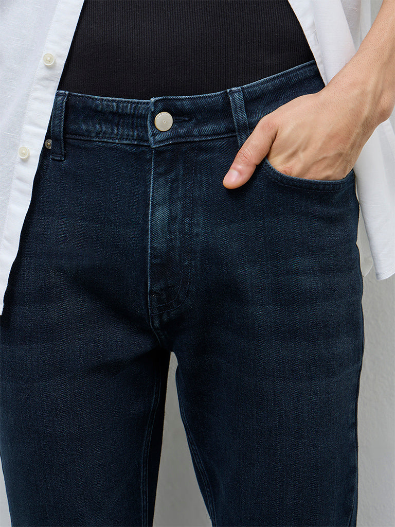 WES Casuals Dark Blue Slim-Fit Mid-Rise Jeans
