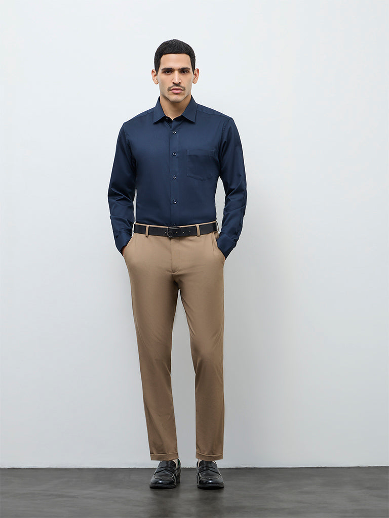 WES Formals Navy Solid Relaxed-Fit Cotton Shirt