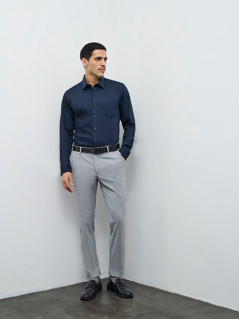 WES Formals Navy Solid Slim-Fit Cotton Shirt