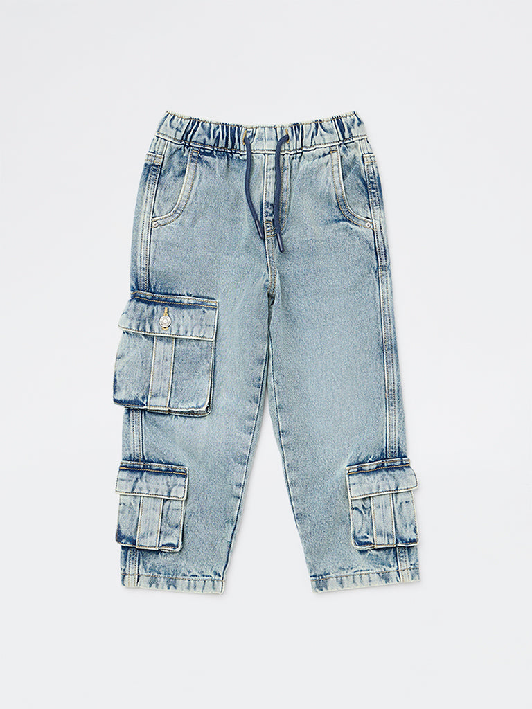 HOP Kids Boys Blue Faded Mid-Rise Cargo Jeans