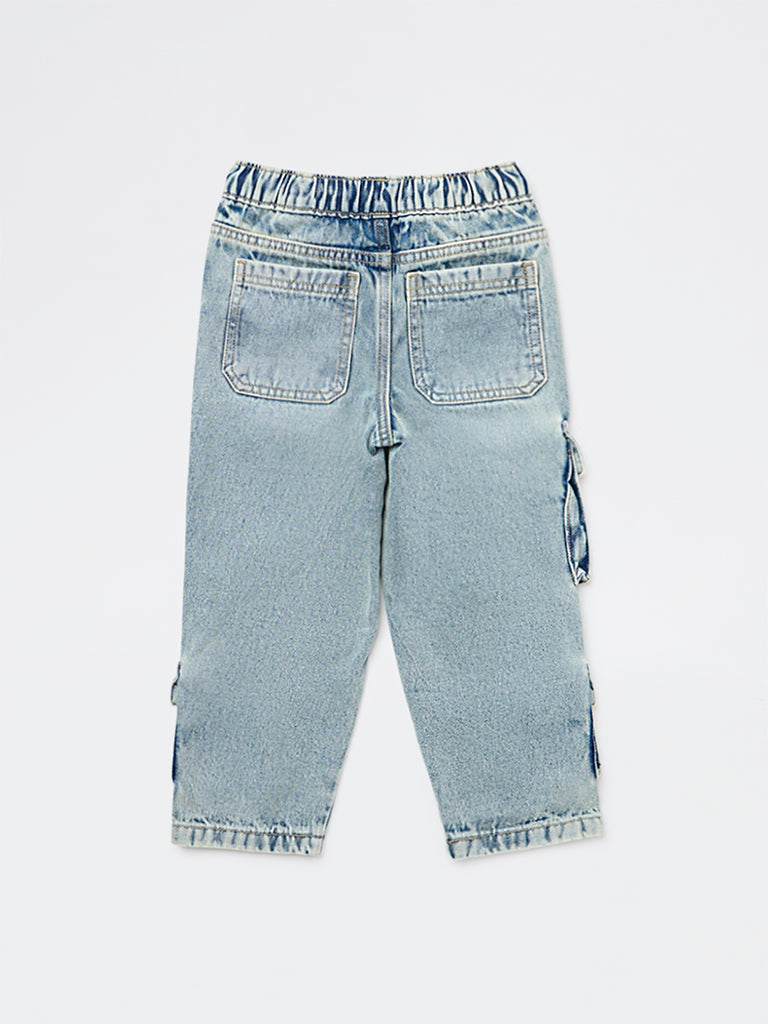 HOP Kids Boys Blue Faded Mid-Rise Cargo Jeans