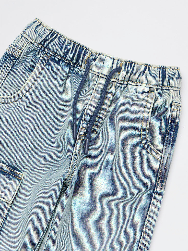 HOP Kids Boys Blue Faded Mid-Rise Cargo Jeans
