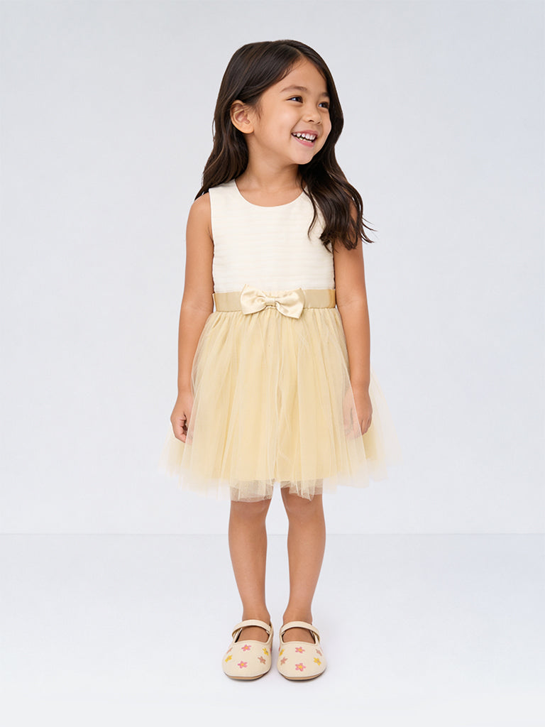 HOP Kids Girls Beige Bow-Detail Fit and Flare Dress