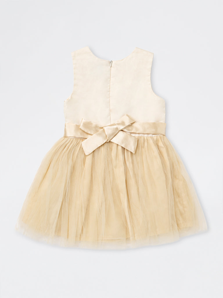 HOP Kids Girls Beige Bow-Detail Fit and Flare Dress