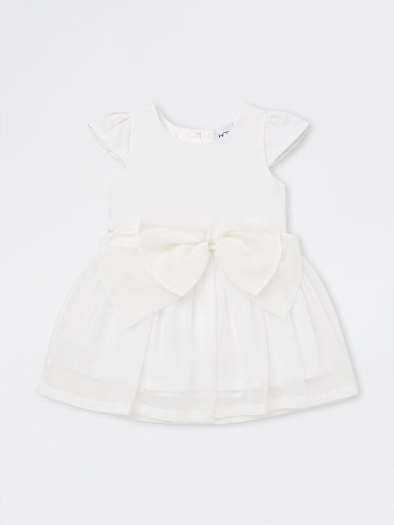 HOP Kids Girls White Bow-Detail Fit and Flare Dress