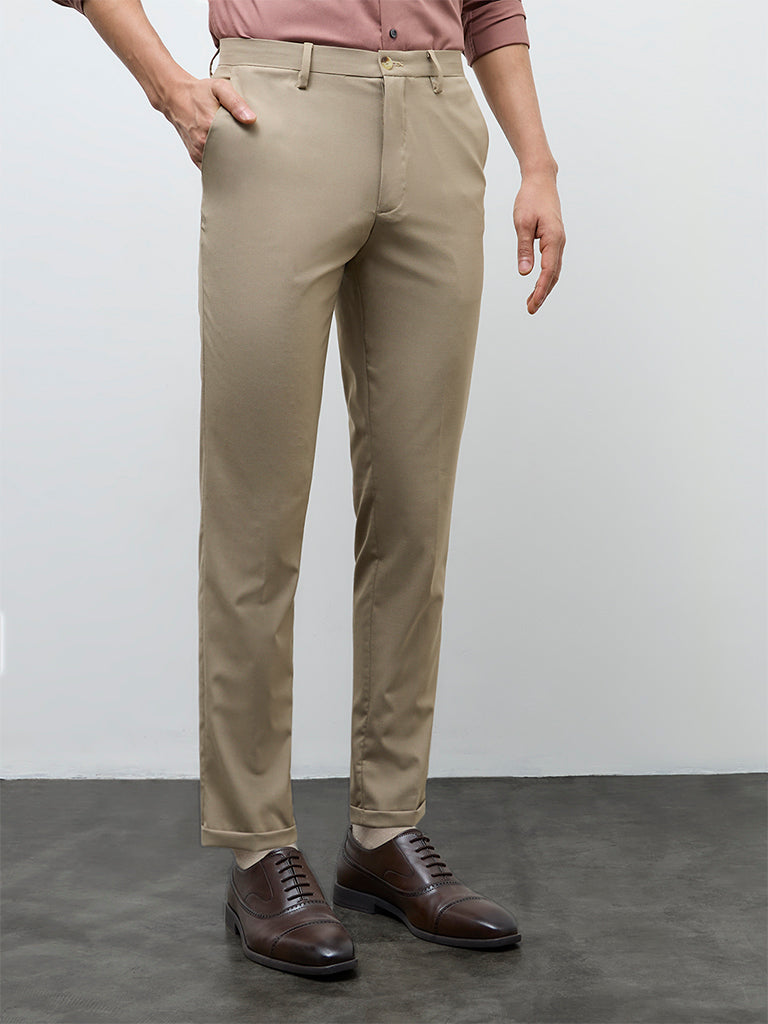 WES Formals Khaki Slim-Fit Mid-Rise Trousers