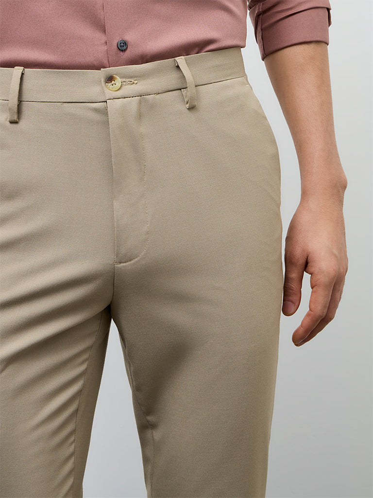 WES Formals Khaki Slim-Fit Mid-Rise Trousers