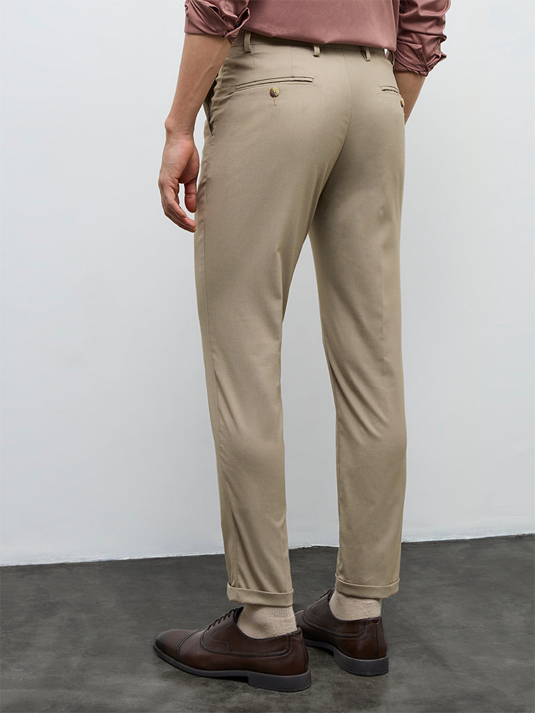 WES Formals Khaki Slim-Fit Mid-Rise Trousers
