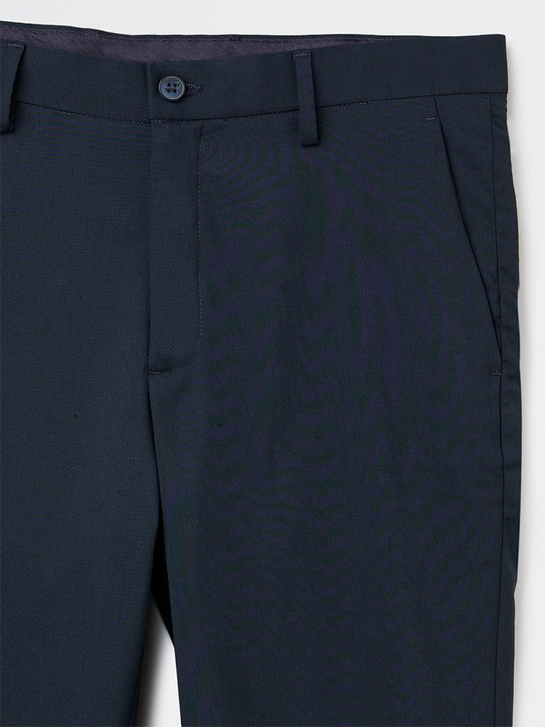 WES Formals Navy Slim-Fit Mid-Rise Trousers