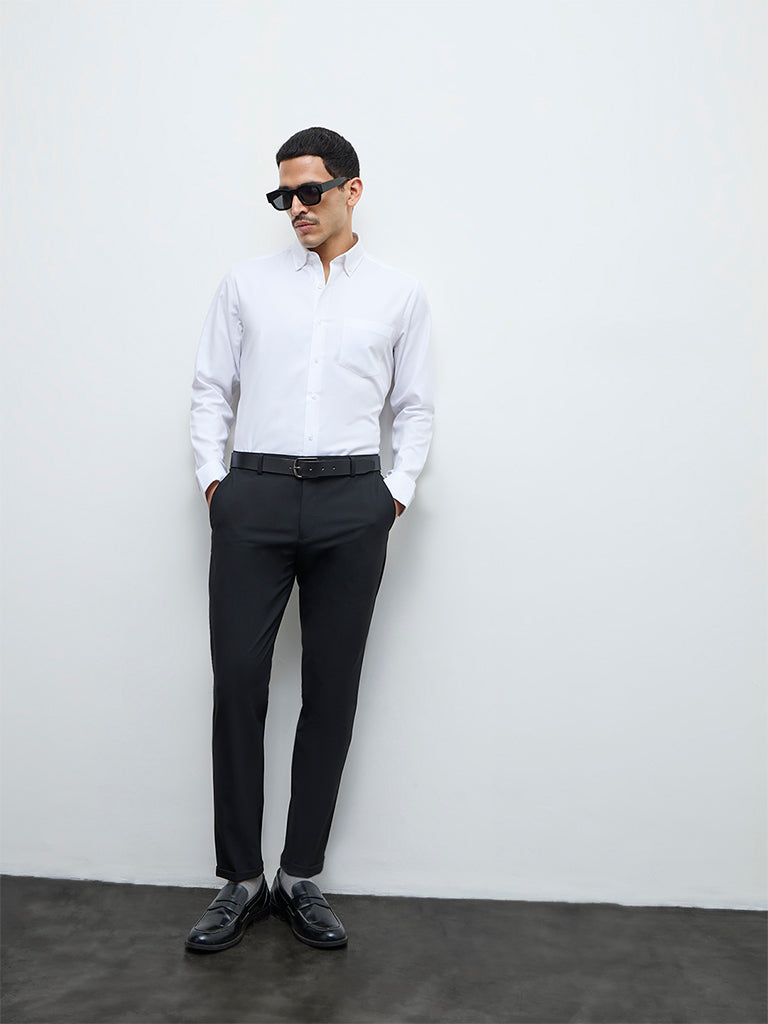 WES Formals Black Slim-Fit Mid-Rise Trousers
