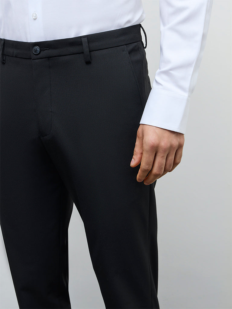 WES Formals Black Slim-Fit Mid-Rise Trousers