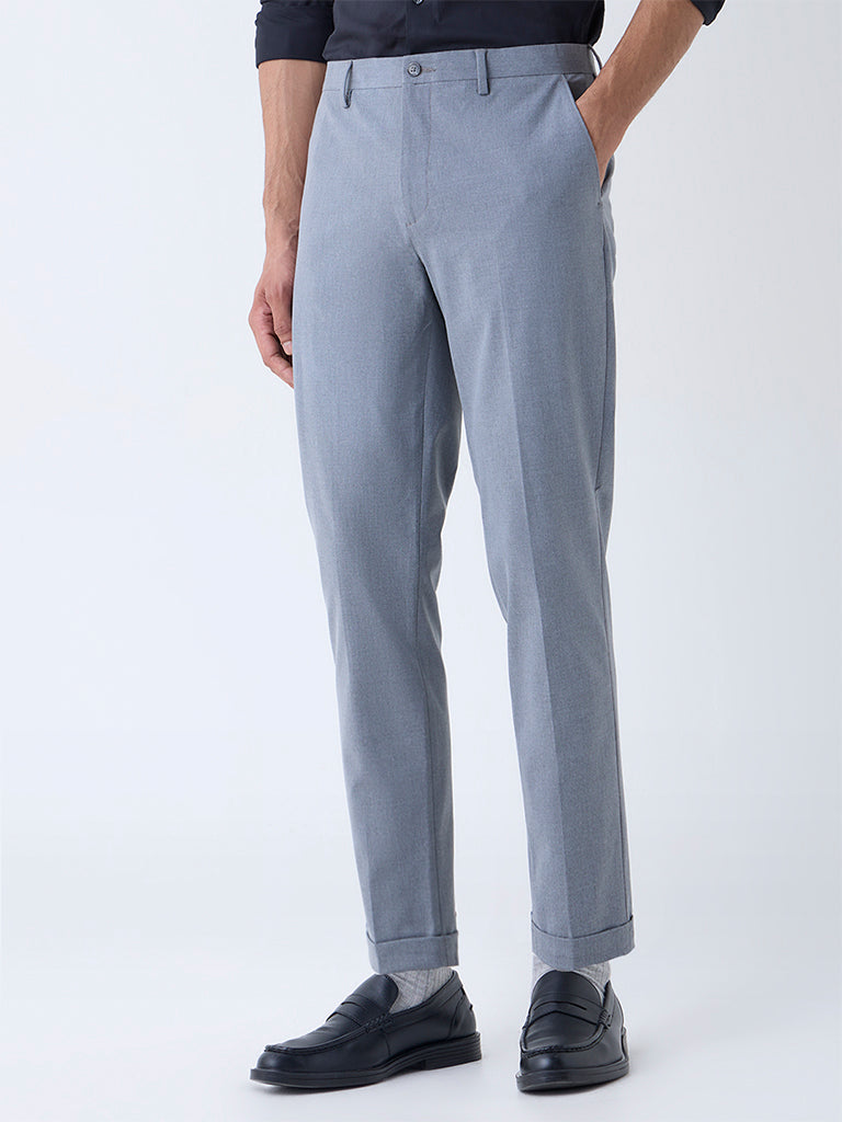 WES Formals Grey Slim-Fit Mid-Rise Trousers