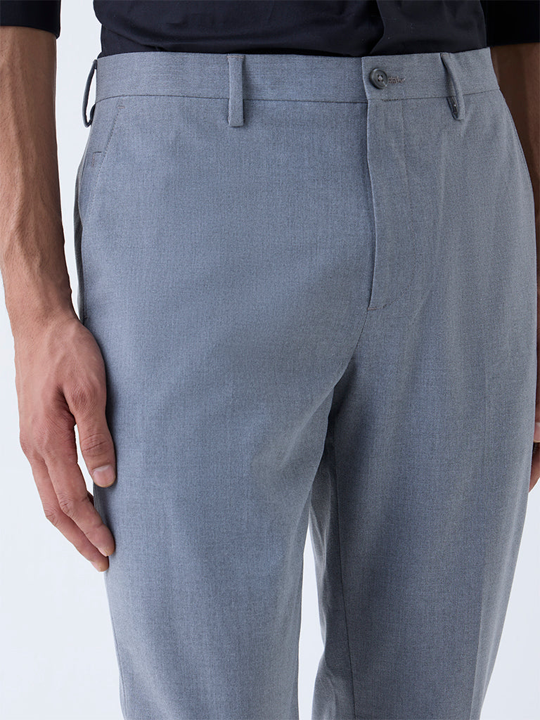WES Formals Grey Slim-Fit Mid-Rise Trousers