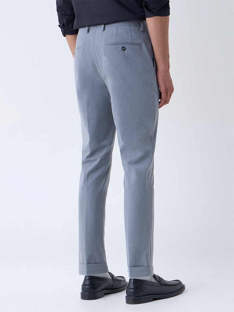 WES Formals Grey Slim-Fit Mid-Rise Trousers