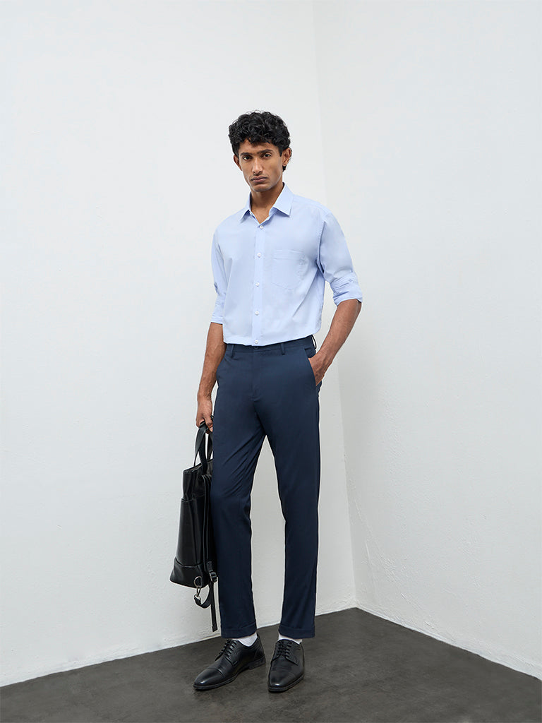 WES Formals Navy Solid Carrot Fit Mid-Rise Trousers