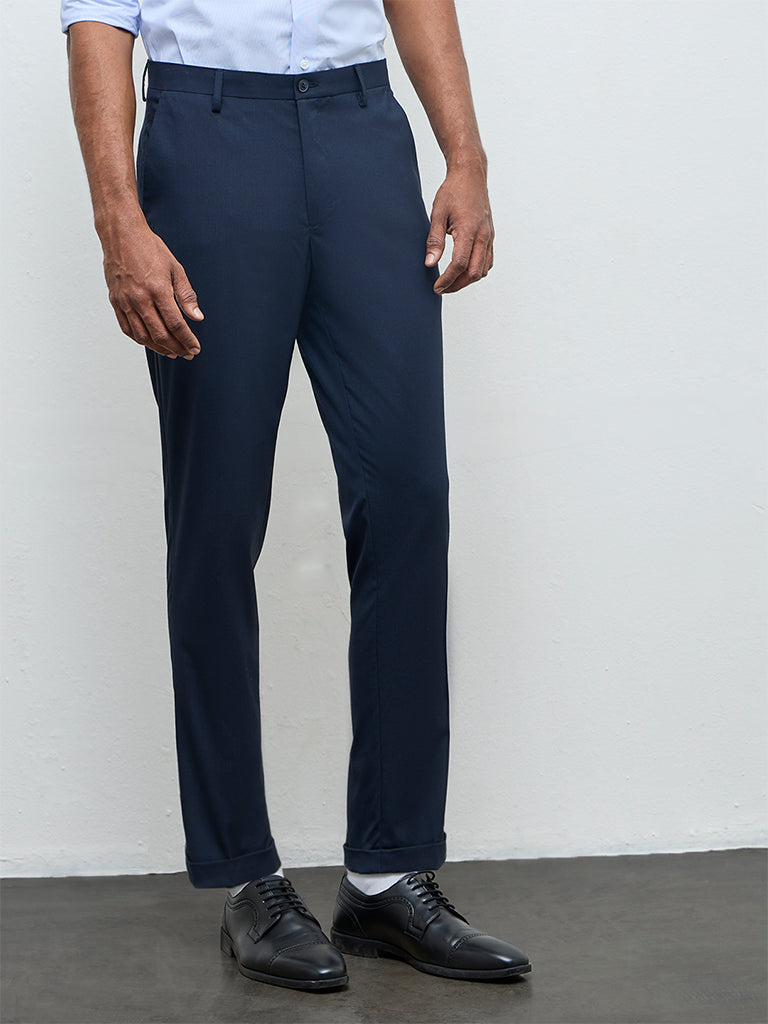 WES Formals Navy Solid Carrot Fit Mid-Rise Trousers