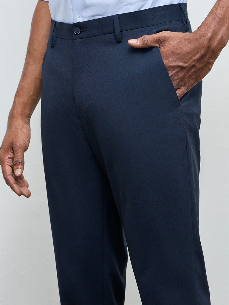 WES Formals Navy Solid Slim-Fit Mid-Rise Trousers