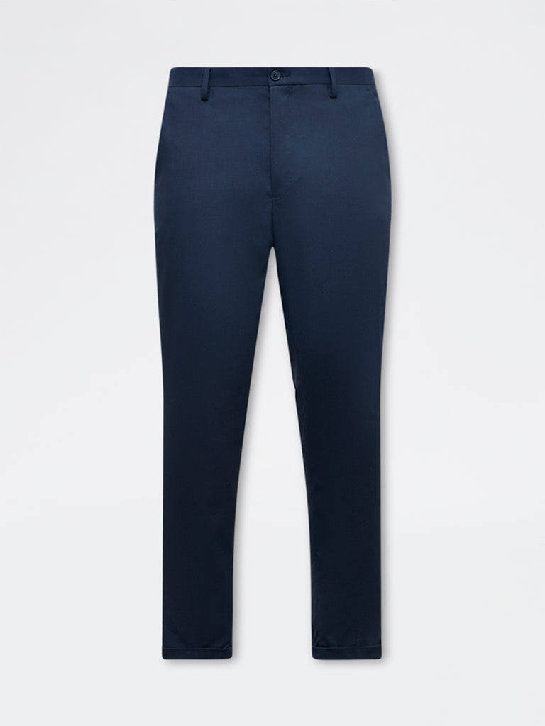 WES Formals Navy Solid Slim-Fit Mid-Rise Trousers