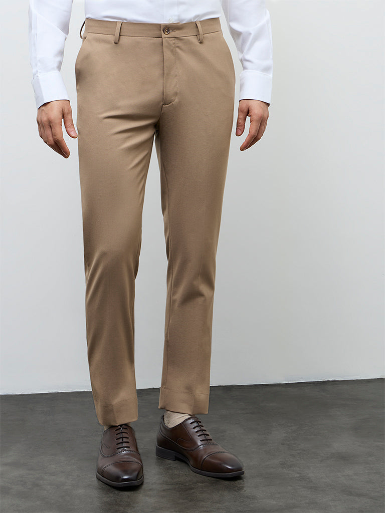 WES Formals Khaki Slim-Fit Mid-Rise Trousers
