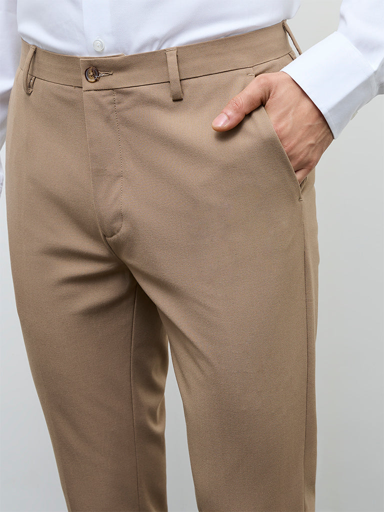 WES Formals Khaki Slim-Fit Mid-Rise Trousers