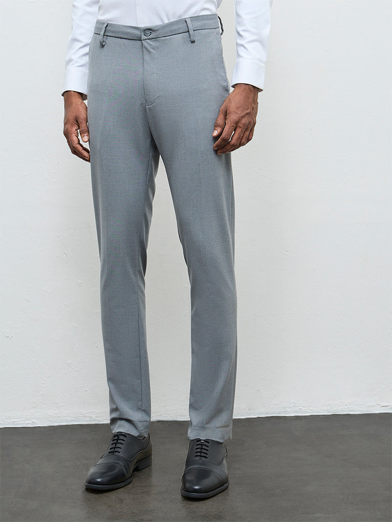 WES Formals Grey Solid Ultra Slim Fit Mid-Rise Trousers