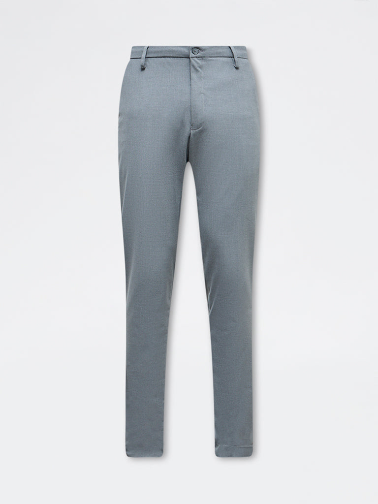 WES Formals Grey Solid Slim-Fit Mid-Rise Trousers