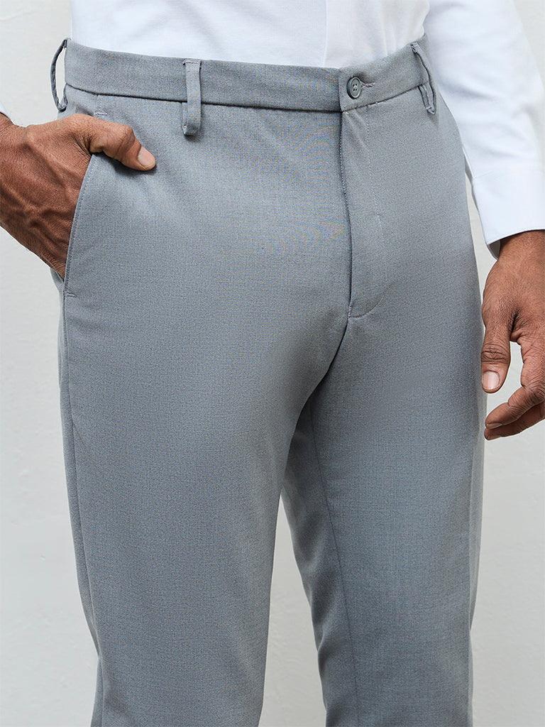 WES Formals Grey Solid Slim-Fit Mid-Rise Trousers