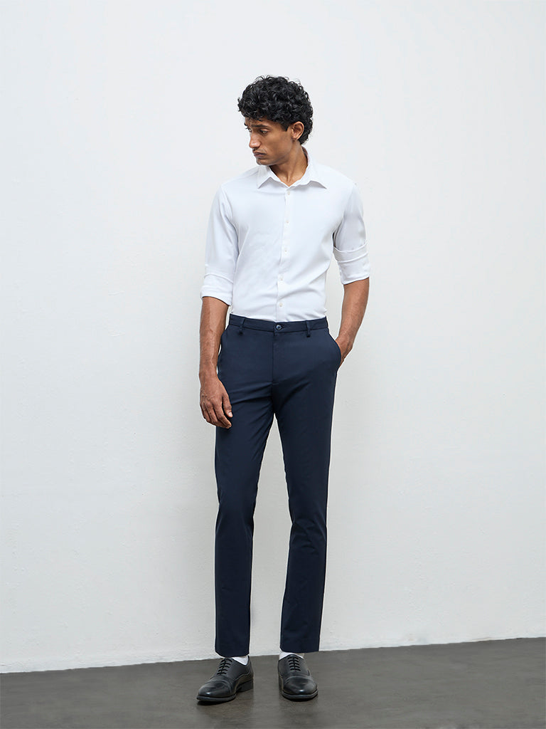 WES Formals Navy Solid Ultra Slim Fit Mid-Rise Trousers