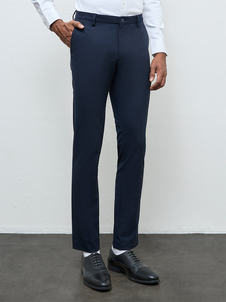 WES Formals Navy Solid Slim-Fit Mid-Rise Trousers