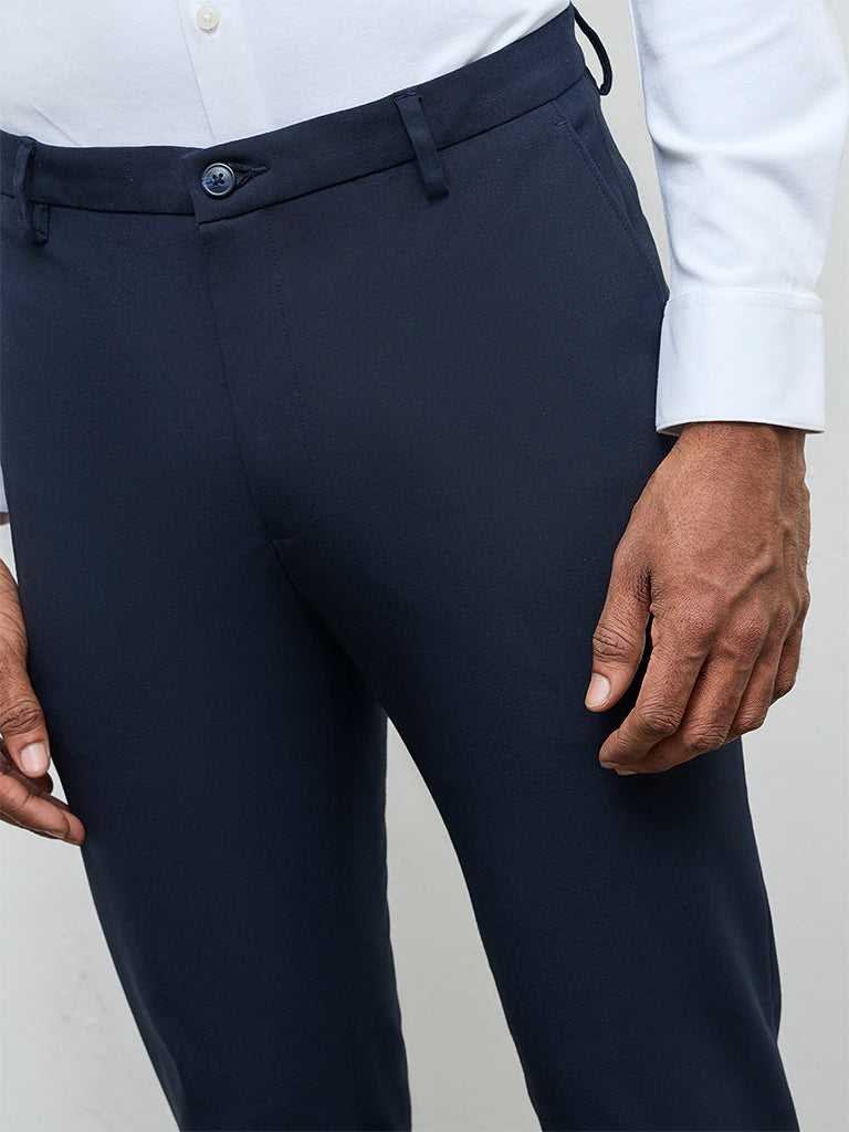 WES Formals Navy Solid Ultra Slim Fit Mid-Rise Trousers