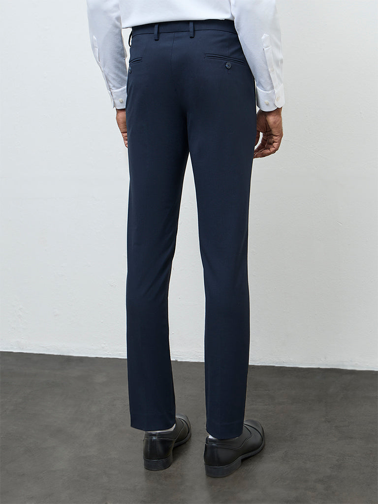 WES Formals Navy Solid Slim-Fit Mid-Rise Trousers