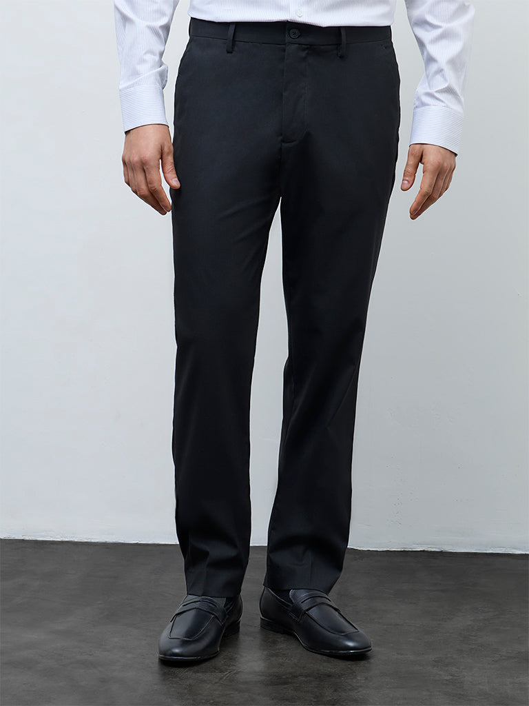WES Formals Black Relaxed-Fit Mid-Rise Trousers