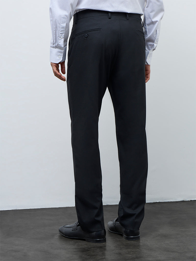 WES Formals Black Relaxed-Fit Mid-Rise Trousers