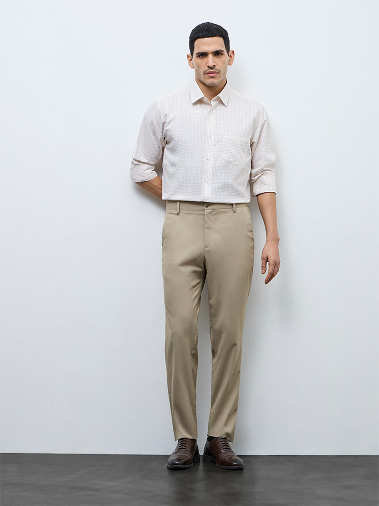 WES Formals Light Khaki Relaxed-Fit Mid-Rise Trousers