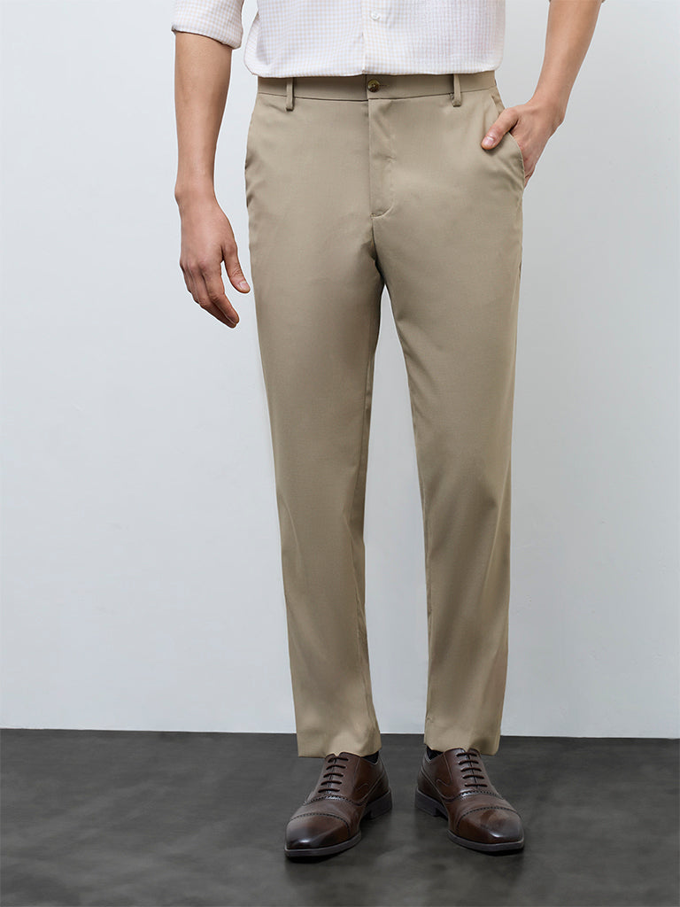 WES Formals Light Khaki Relaxed-Fit Mid-Rise Trousers