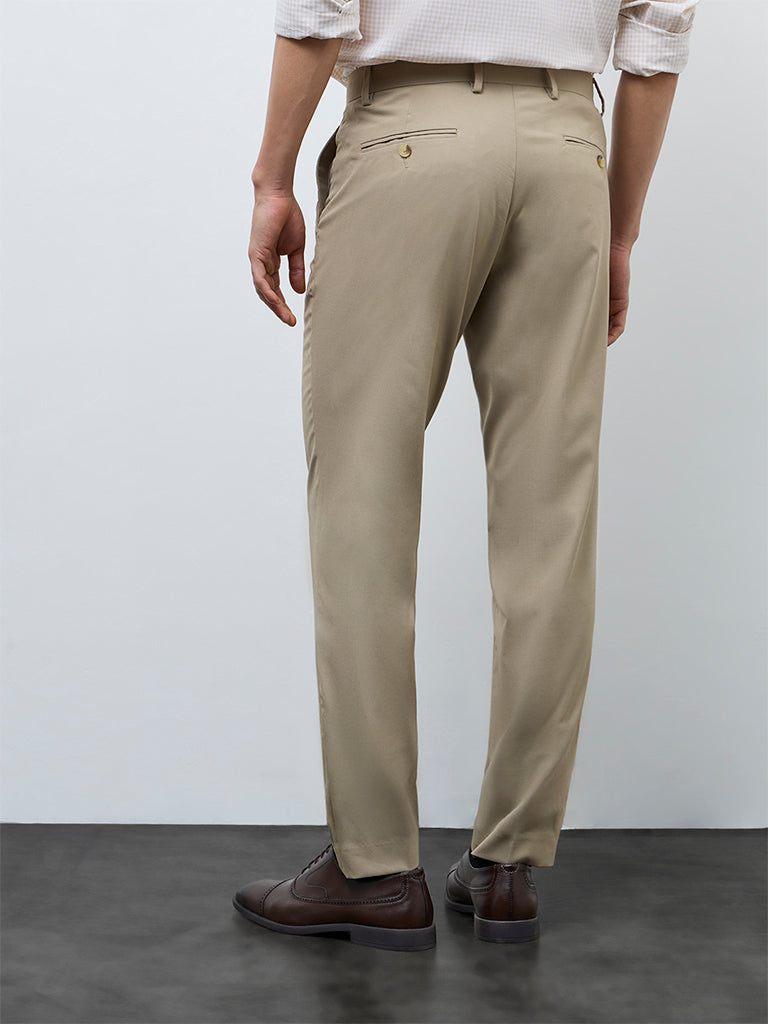 WES Formals Light Khaki Relaxed-Fit Mid-Rise Trousers