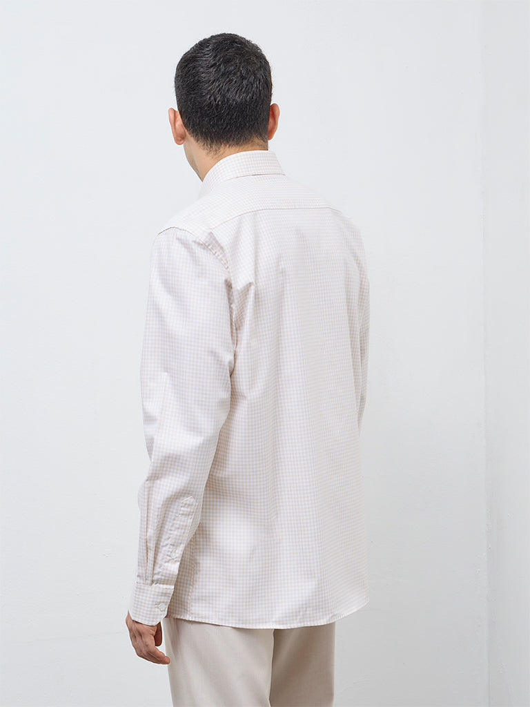 WES Formals Beige Checkered Relaxed-Fit Cotton Shirt