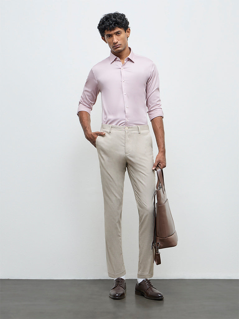 WES Formals Beige Slim-Fit Mid-Rise Trousers