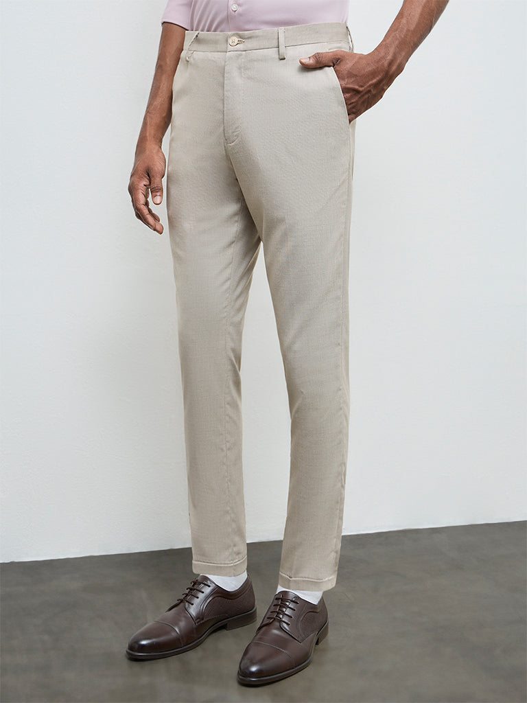 WES Formals Beige Slim-Fit Mid-Rise Trousers