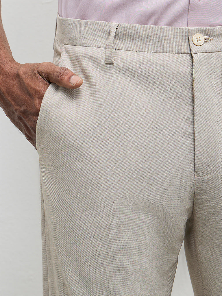WES Formals Beige Slim-Fit Mid-Rise Trousers