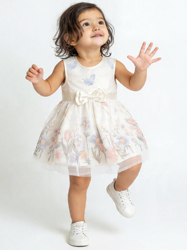 HOP Baby Girls Ivory Floral Printed Fit and Flare Dress