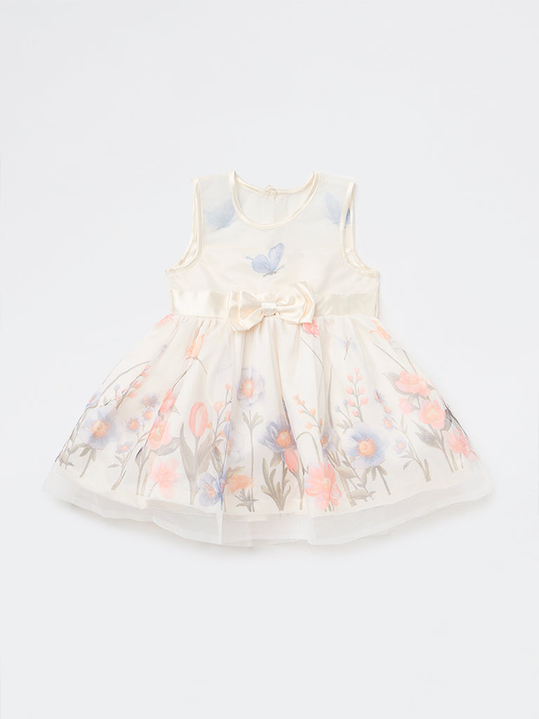 HOP Baby Girls Ivory Floral Printed Fit and Flare Dress