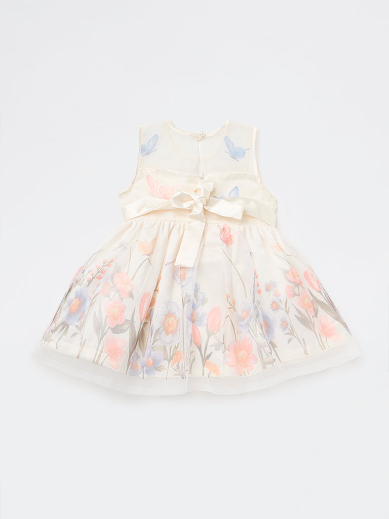 HOP Baby Girls Ivory Floral Printed Fit and Flare Dress