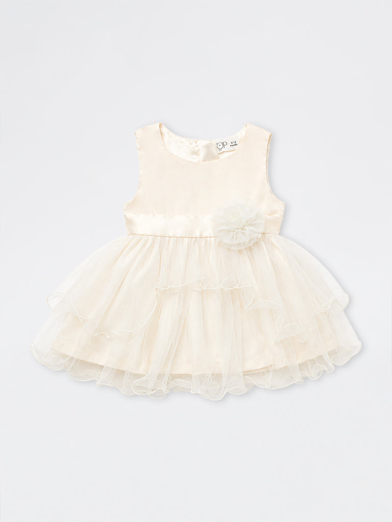 HOP Baby Girls Off-White Sheer Overlay Fit-and-Flare Dress