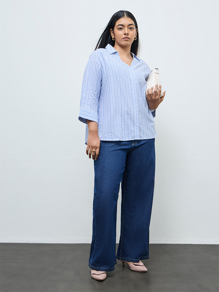 Gia Blue Striped Cotton-Blend Blouse