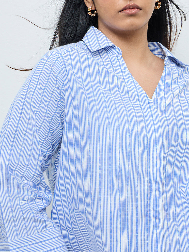 Gia Blue Striped Cotton-Blend Blouse