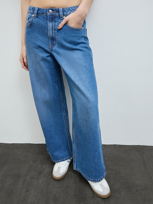 Nuon Blue-Wash High-Waist Wide Leg Fit Jeans