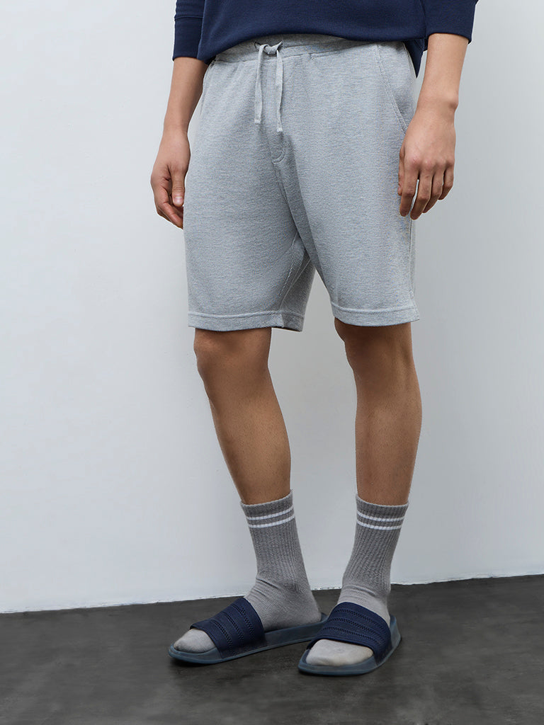 WES Lounge Grey Waffle-Textured Regular-Fit Mid-Rise Cotton-Blend Shorts